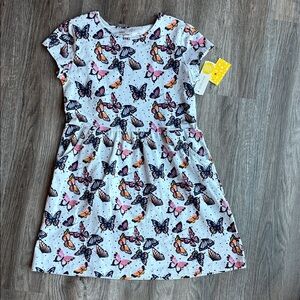 Butterfly Print Kids Dress - White and Pink